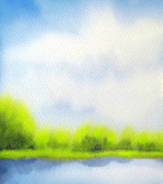 Renkli neşeli el yapımı suluboya kağıdı zemin masmavi cennet üzerinde metin için yer ile. Yemyeşil orman çalılar net sessiz creek yakın ufukta ile parlak yeşil güneşli çayır üzerinde ışık camgöbeği kümülüs