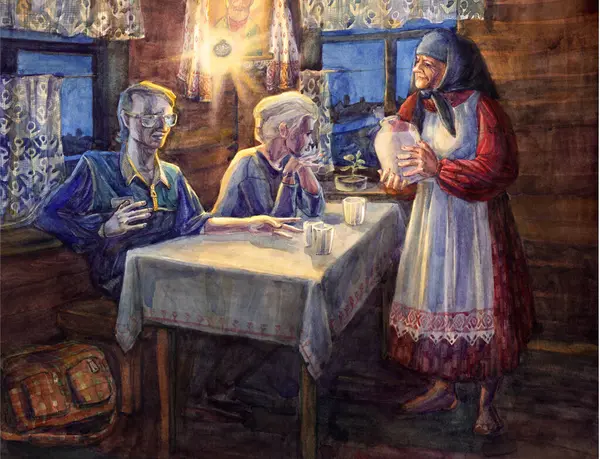 Poor ancient human love smile mom lady veil scarf shawl look meet talk hold pot jar meal food jug cup wooden hut seat light icon lamp dark dusk sky. hand draw son girl sit even night retro graphic art 