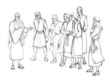 Yetişkin yaştaki Müslüman ağabeyi beyaz gökyüzü görüşüne tapıyor. Eli çizilmiş üzgün yahudi arkadaş etnik adamın vaaz verdiğini görüyor musun? Dua et, gerilim olayı, geçmişe dönük sanat eskizi.