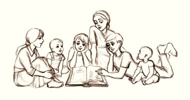 Cute happy joy smile guy baby son sit care rest relax room home. Black pencil line hand drawn man parent fun teen company speak park grass lawn look open old retro faith tale story cartoon art symbol