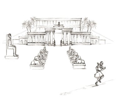 Lüks kumaşlı köle insan efendisi hızla şehir kapısına doğru gidiyor sıcak kum tepeciği yolu beyaz gökyüzü. Siyah çizgili eski çağ soylu Yahudi erkek inanç kralı cezalandırma hikayesi Tanrı 'ya dua et Doğu Arap sanat eskizi tarzı sahne 