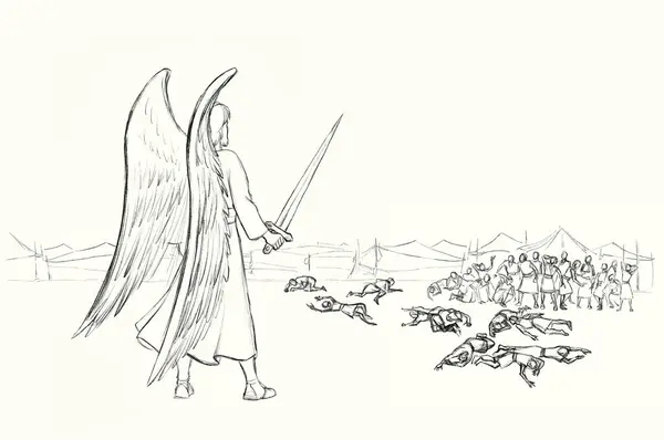 stock image Power Israeli human male mass group scary evil sin curse anger fear die lie arm beat wing spirit fighter desert army save life loss white sky scene. Lay ill sick jew hand draw old myth story retro art