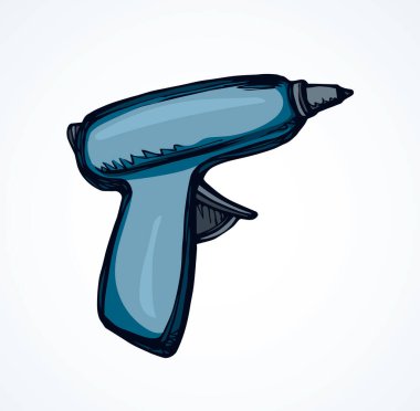 Ev yapımı işi halledin, motor nesneyi beyaz ahşap alanda metin için çevirin. Parlak mavi işçi çizimi modern sanat karikatür tarzında plastik kablo deliği logo işareti yükler. Yakın görünüm