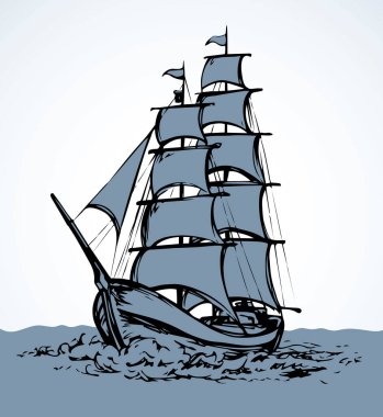 Beyaz gökyüzünde izole edilmiş ahşap uzun korsan yelkenli kürek balığı piktogramı. Serbest çizgi siyah mürekkep çizili logo işareti amblem resmi çizimi resim eskimiş çizim tarzı kalem kağıt üzerinde metin alanı için