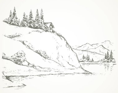 Yüksek nehir kıyısındaki kırsal uçurum çalı çayırı sahnesi. Alp Rıhtımı kamp köşkü beyaz gökyüzünde yazı için uzayda. Çizgi siyah mürekkep el çizilmiş kulübe resim sanat klasiği karalama stili kağıt üzerine kalem oyma