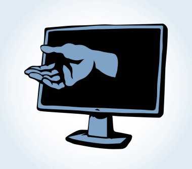 Düz lcd UI tv hasta aygıt yardım risk sorunu uygulaması üzerinde beyaz metin için yer. Dilenmek Yardım veri ulaşmak parmak sor. Karikatür grafik vektör çizilmiş yasadışı net casus bozuk hırsız adam vermek tutun bilgi hediye işareti simgesi