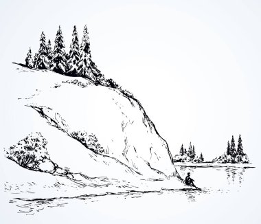 Cliff sakin uzak Alpler sahnesi yüksek nehir kıyısında. Çizgi siyah mürekkep eli, uzayda üzgün yalnız bir genç kızı beyaz gökyüzünde yazı yazmak için çekti. Vahşi Alp kıyısı göleti barış manzaralı sanat eseri karalama stili.