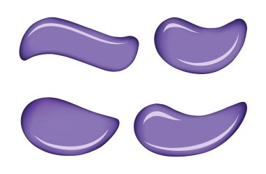 Üç boyutlu kıvrımlı, parlak lavanta rengi, arka planda diş minesi boyası. Pürüzsüz yuvarlak mavi parlak leke örneği. Şekil dizayn seti. Islak sanat simgesi. Metin için alanı olan makro görünümü kapat