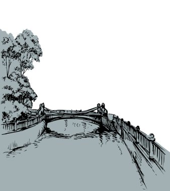 Göl kıyısındaki eski bir Rus köprüsü yolu. Siyah el çizilmiş dere kanalı kare manzara resmi. Retro sanat karalama çizgi film tarzı. Beyaz gökyüzünde panoramik manzaralı metin uzayı