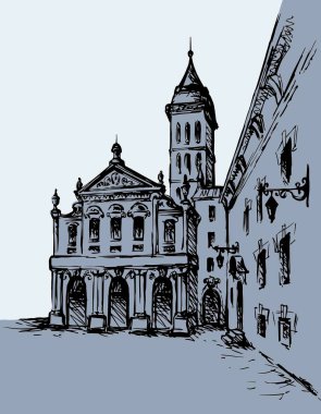 Şehir merkezinde yaşlanmış romantik bir yaz yeri. Büyük çizgi ortaçağ ön kapı manzarası. Eskimiş karikatür karikatür karalama gravür stiliyle çizilmiş siyah bir el resmi. Beyaz gökyüzü arkaplanındaki kağıt metin alanı