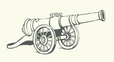 Beyaz metin uzayında bronz korsan cephaneliği cephaneliğini geçince. Eskimiş resim karalama gravür biçiminde siyah mürekkep çizilmiş güvenlik topçu nesnesi logosu piktogram amblem tasarımı. Yakın görünüm