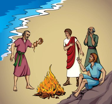 Vektör çizimi. Yılan bir adamın elini ısırdı.