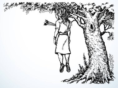 Vektör çizimi. Absalom saçını bir ağaç dalına kaptırdı.