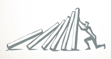 Yakından izole edilmiş yığın kırılma krizi çatışma güvenliği. Çizgi siyah çizim oyun ikonu işaret tablosu tasarımı beyaz sanat karikatür vektör tarzı. 1 erkek işçi liderini kapatın itin, itin, itin, düşmekten kurtarın.