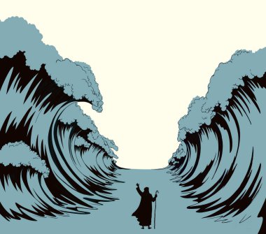 İsrail erkek lider kadrosunun kölelikten kaçtığına inanıyorum. Klasik İsrail sanat eseri çizimleri, el çizimi, karikatür çizimi gökyüzü. Büyük okyanus fırtınası ayrı pesach Seder Law Wonder sahnesi