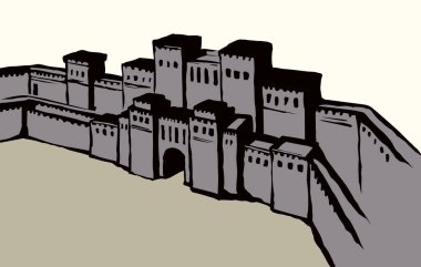 Asya Arabistan İbrani kasabası beyaz gökyüzü metin uzayında tuğla sahnesi. Doğu Yahudi logosu simgesini eski moda ressamlar Orta Doğulu Asya Arap dini tarzında ana hatlarıyla çizmiş. Ön görünüm