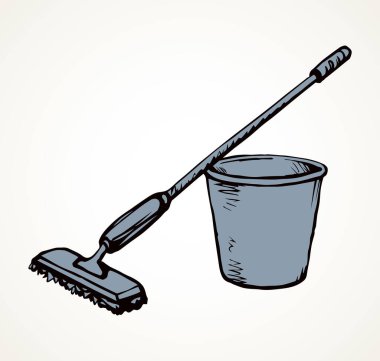 Beyaz oda metin uzayındaki çöp yumağı nesnesini temizleyin. Siyah el çizimi, sağlık sıvısı temizleyici bez küvet kovası logosu. Retro çizgi çizgi film sanatı görünüm çöp kutusunu kapatın