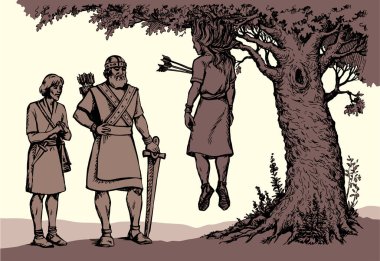 Vektör çizimi. Absalom saçını bir ağaç dalına kaptırdı.