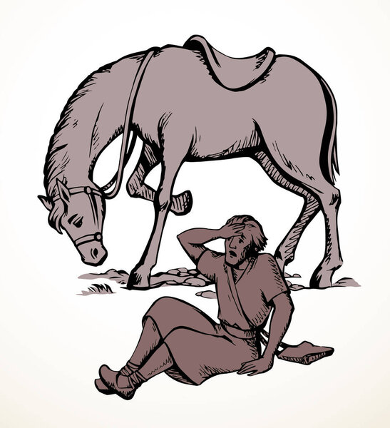 Vector drawing. A man fall from the horse