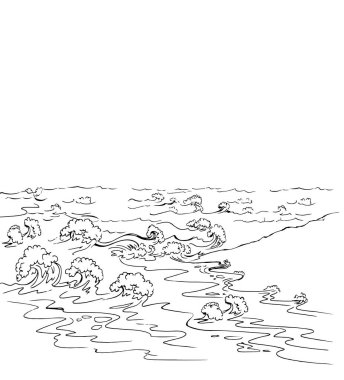 Eğri damla köpük element manzaralı beyaz çakıl taşı metin alanı arkaplanı. Koyu siyah mürekkep çizgisi el sabah sıcak fırtına sahnesi amblemi logo retro sanat eseri doddle tarzı simge tasarımı kart tasarımı