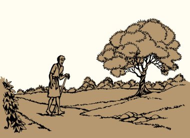 Asian lone sad sin jewish male guy slave worker go home tree land track trip way Alone dirty jew old torn robe cloth sin human cry God Jesus Christ faith retro hand drawn eastern arab story sketch art