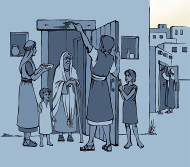 Vektör çizimi. Aile, Tanrı 'nın buyruğunu yerine getirir. Kuzu kanıyla kapı direklerini mesheder