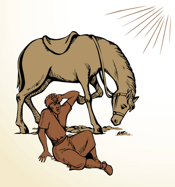 Vector drawing. A man fall from the horse