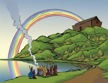 Vektör çizimi. Nuh, Tanrı 'ya kurban sunuyor.