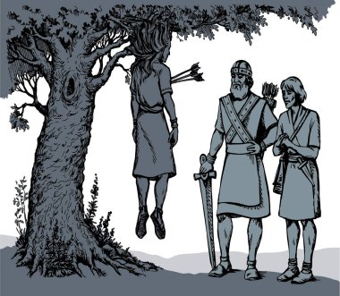 Vektör çizimi. Absalom saçını bir ağaç dalına kaptırdı.