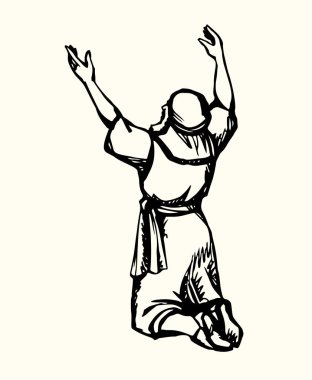Elleri havada dua eden bir adam. Vektör çizimi