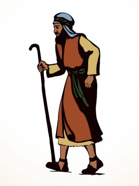 Yetişkin bilge, orta yaşlı erkek Yahudi, beyaz bornoz, baston görünümlü İsrail elbisesi giyer. El çizimi siyah retro müslüman uae uae hindi çöl adam Paul dua Tanrı İsa Mesih inancı yol inanış İslam sanat yolu