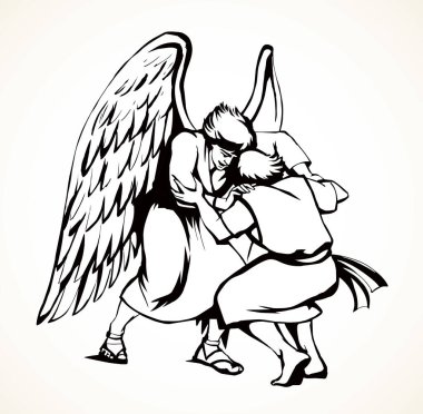 İki yahudi insan dua kolu yarışması kazanır. Dua et de ordu kahramanı beyaz gökyüzü mesaj uzayı kazansın. Koyu siyah çizgi çizilmiş Yahudi rakibi oyun kaslarına karşı gardiyan kavramı simgesi eski antik çağ eskizi sanat stili.