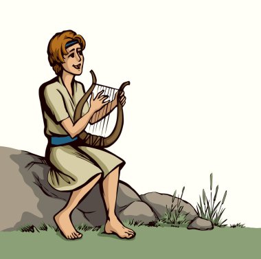 Genç Yahudi hobi erkek çocuk, parmak akoru, Lira Lute notası, dua et de eski moda robot resim çizimi tarzında çizilsin. İsrailli Lord Musevi kız halk sanatları sanatçısı Kral Saul beyaz gökyüzü