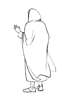 Baş haham, baş öğretmen Peter, beyaz insan tanrısı inanç hikayesi sanatı hakkında vaaz veriyor. Orta Doğu Asyalı bornoz giysisi kadın bedevi kız Mary eli arkadan çekilmiş kol arkasına bak kurşun kurşun gibi ağla