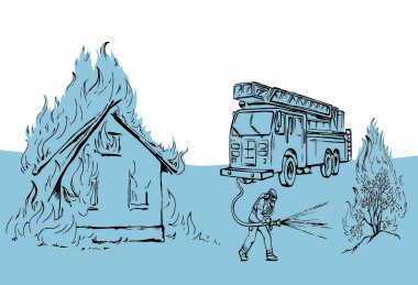 911 urgent car truck hose aid team risk job activity fight hero male try street park tree bush plant bonfire blaze. Hand draw no mean logic effect result save spray humor symbol vector art graphic sky
