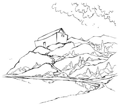 Ahşap büyük yay hayvan evi hattı Ararat 'ın yeri beyaz yağmur bulutu gökyüzü alanı ana hatları siyah el çizimi retro sanat işareti kutsal Lord kilisesi kavramı vahşi kaya tarlası okyanus suyu ülkesi korumak