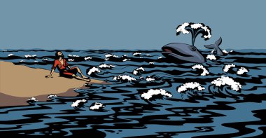 Old lone 1 jew male guy hope save life swim wild giant big marine beast open jaw mouth help israel human alive symbol. Retro pray jewish god biblic miracl story cartoon hand drawn sketch art white sky