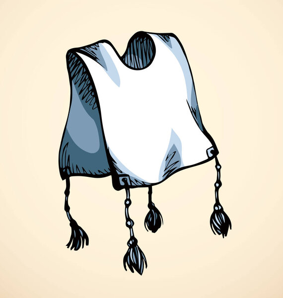 Старинная иудейская храмовая церемония этнический кипур шабат шофар мальчик носить шерстяную ткань одежды голубой бахромой кисточки узел бар благословить культуру. Черная рука нарисовать векторную иконку набросок старинной винтажной линии художественный стиль
