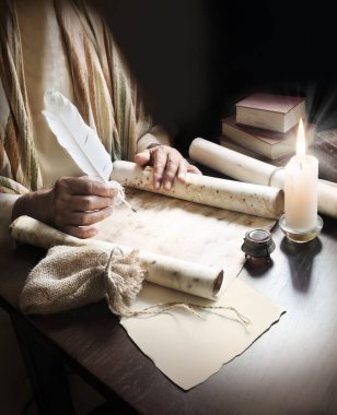 Son zamanlarda İncil 'deki kutsal tanrı hukuku öğretmeni Paul' un posta sayfası boşluğunu kapatın. Kapalı kollu mürekkep. Sanat eseri Peter 'ın günlüğünü çiz. Yahudi kadın kâtip. 