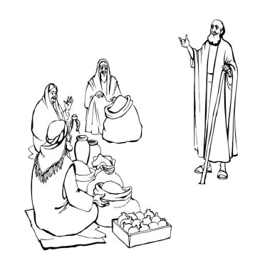 Orient retro Mısır Souq festivali Yahudi kız işyeri perakende mağazası sahnesi. Yahudi İran şehri, Filistin, erkek, insan, tarım işçisi, çizim vektörü, İncil, grafik sanat tarzı.