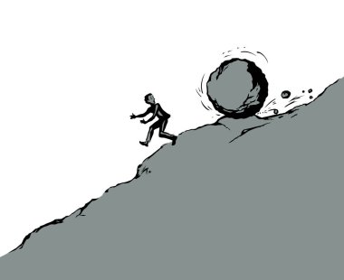 Güçlü, güçlü, riskli, Bill Borç Borç Borcundan kaçan işçi başarısız, panik atak, eğlence, beyaz gökyüzü. Çizgi siyah erkek, kar topu logosu işareti eski sanat el çizimi çizim vektörü