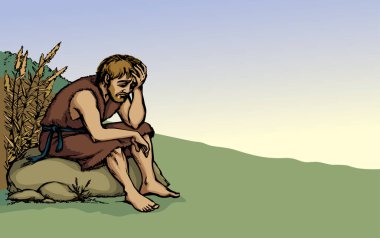 Vektör çizimi. Üzgün bir adam ve domuzlar