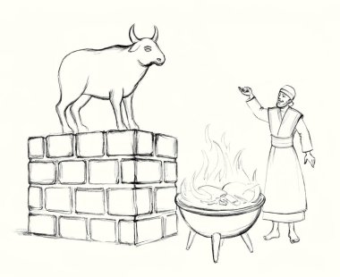 Orta Doğu 'daki büyük etnik Mısır altın çağında Yahudi günah beyaz kral ritüel boynuzu çiftliği erkek sığır ağası tapınağı simgesi. Çizgi siyah kalemle çizilmiş resim eskizi kutsal Musa hukuku hikayesi sanat stili