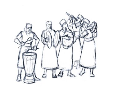 Eski bir orkestra çalıyor. Kalem çizimi