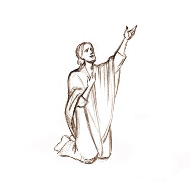 Genç, üzgün, aziz, kutsal, dindar, Yahudi ruhlu, Lord İsa 'ya beyaz, sevgi dolu bir umut için yalvar. El yapımı teşekkürler. Saf delikanlıya yalvar. Kol yükselmesine yardım et.