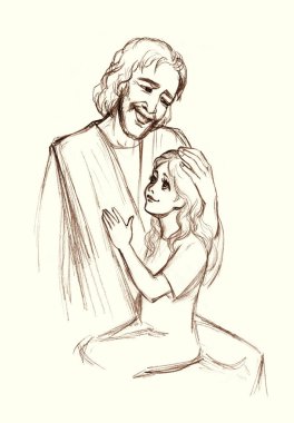 Yetişkin erkek Yahudi Lord 'u dikkatli ol küçük çocuk kollarını tut rahatla sevimli gülücük at. Kara kalem çizilmiş kutsal Yahudi umudu, neşelen, neşelen, Tanrı 'yla konuş, eski İncil' e ait inanç hikâyesi, sanat eskizi.