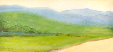Bright hand drawn fresh haze mist fog mount cloud scene paper text space artwork sketch backdrop. Yellow color paint forest plant green wheat grass road path way calm weather sun day scenic brook view