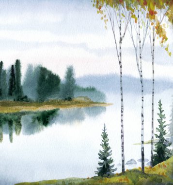 Hand drawn paint artwork quiet rain cloudy sketch white paper backdrop text space. Light blue color calm rural hill creek bay field wood shrub plant fall smoke haze marsh ocean sea shore scene view