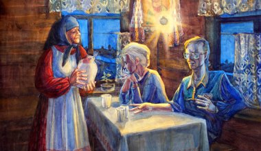 Poor ancient human love smile mom lady veil scarf shawl look meet talk hold pot jar meal food jug cup wooden hut seat light icon lamp dark dusk sky. hand draw son girl sit even night retro graphic art 