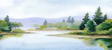 El çizimi parlak resimler, sessiz cennet sahnesi beyaz kağıt arkaplan metni çizimi. Açık mavi renk sakin kırsal tepe bataklık deresi koyu yeşil çimen tarlası çalılık bitki sis bulutu